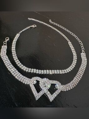 Set of 2 Double Heart Cz Chain Anklet Set Ankle Bracelets Foot Jewelry